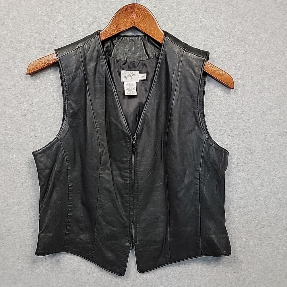 Vintage Jacqueline Ferrar Sz 10 Black Nappa Leather Vest Zip V NeckBiker 90s Y2K